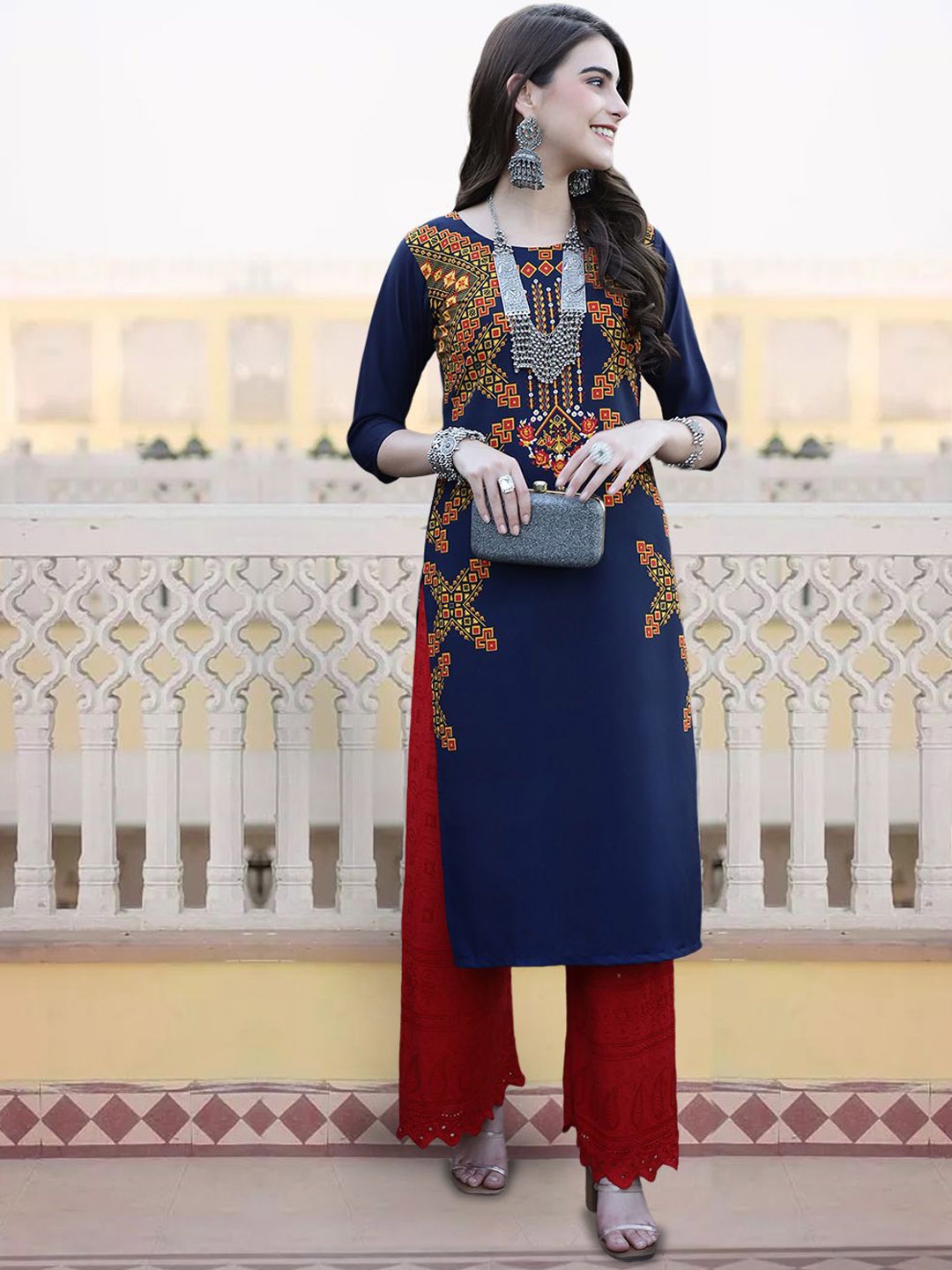 

7Threads Ethnic Motifs Printed Round Neck Straight Kurta, Navy blue