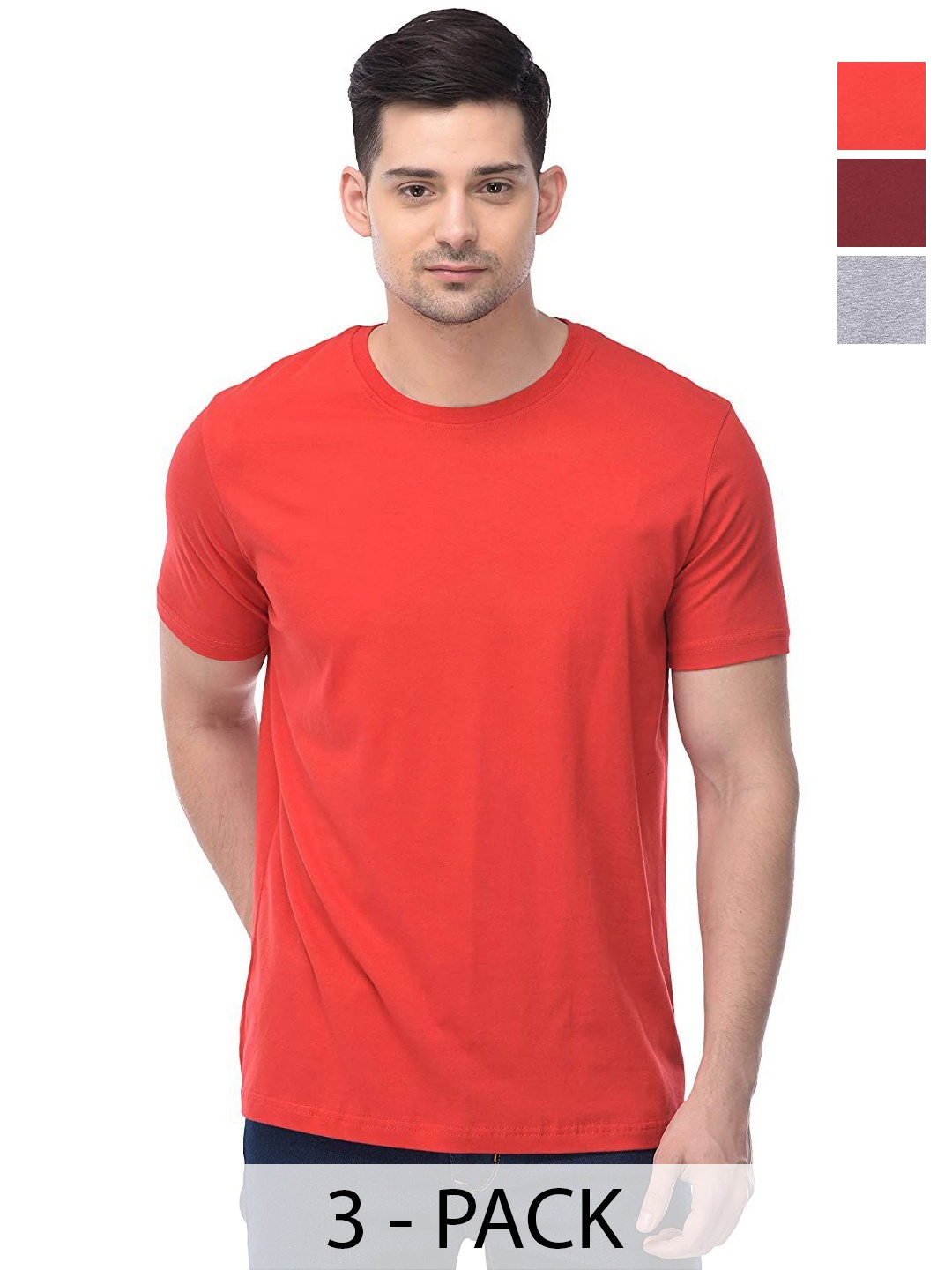 

COLOR CAPITAL Unisex Pack Of 3 Solid Round Neck Cotton T-shirts, Red