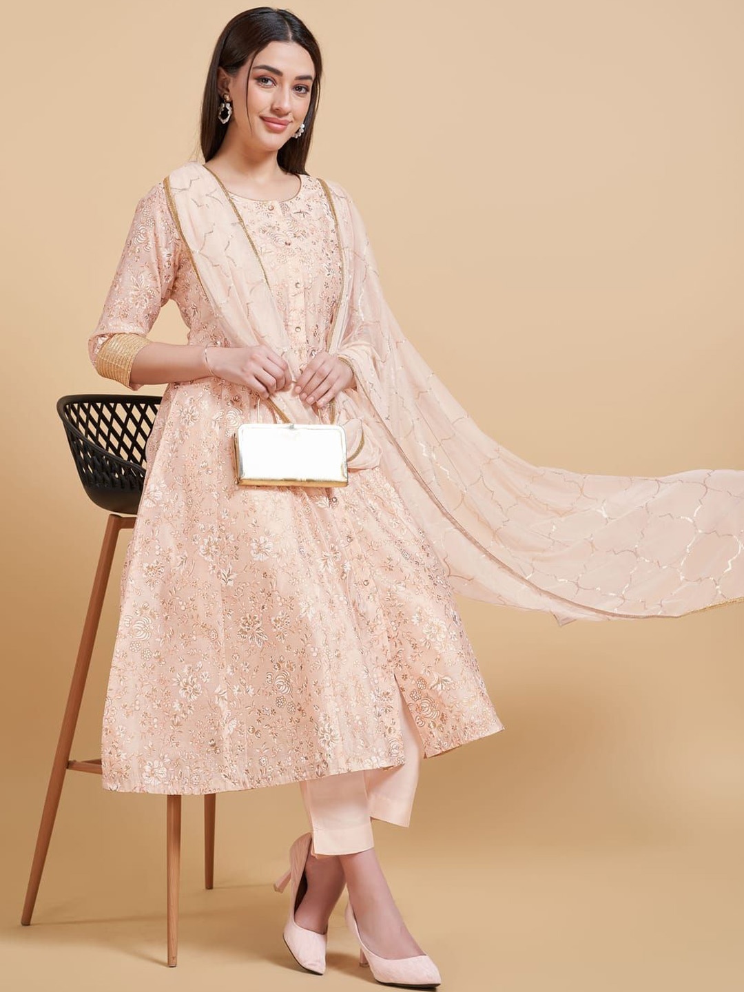 

Suha Women Floral Printed Angrakha Kurta with Trousers & With Dupatta, Gold