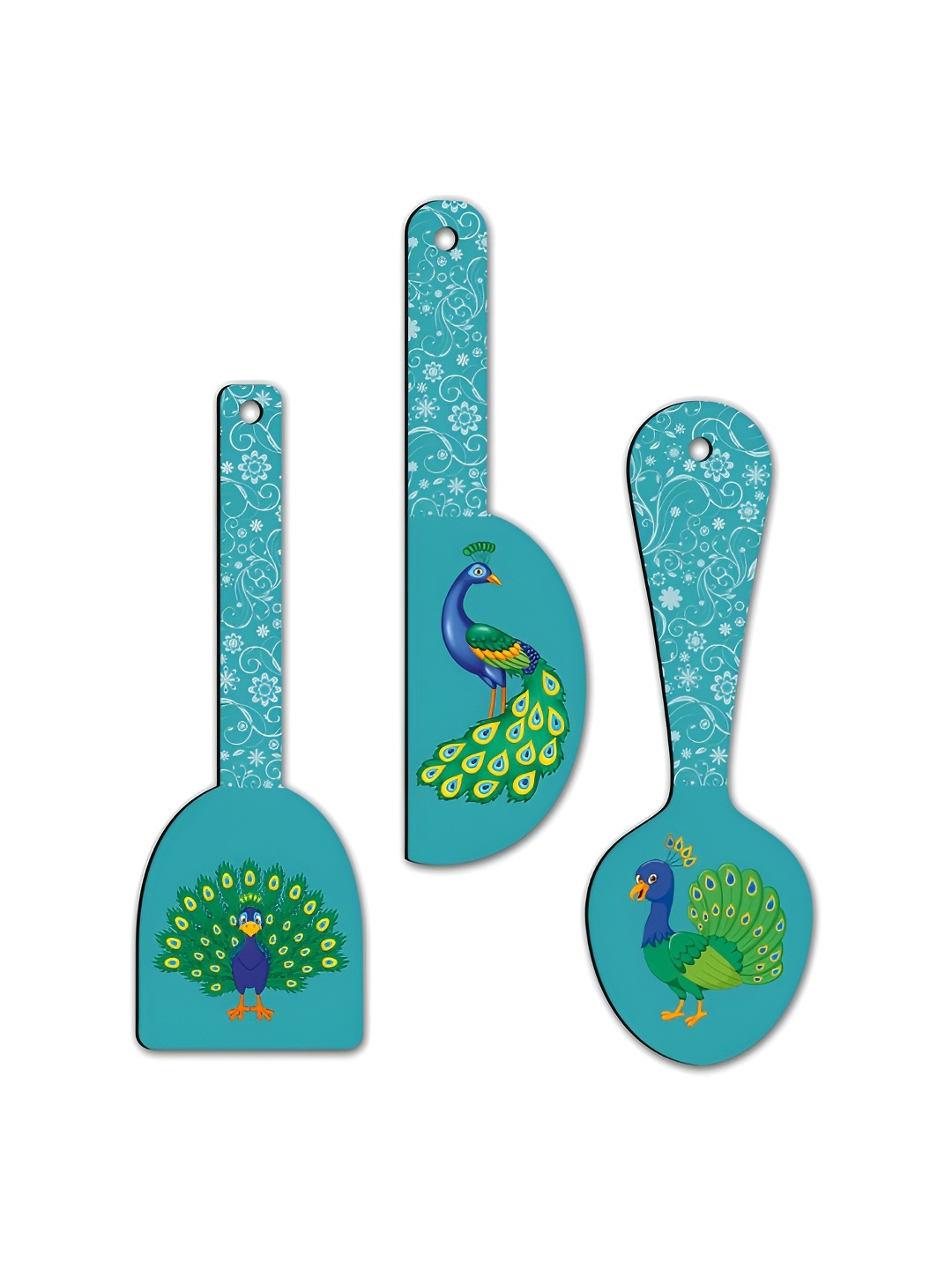 

CLAWCRAFTS Teal & White 3 Pieces Peacock Printed Wall Hangings