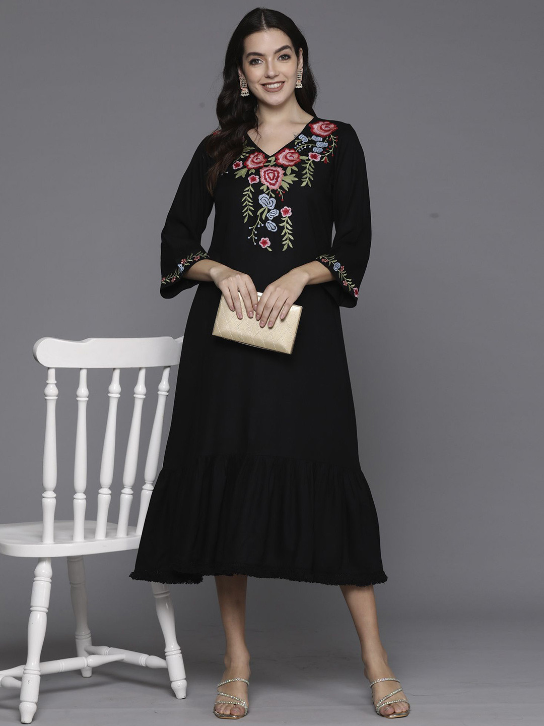 

Indo Era Floral Embroidered A-Line Midi Dress, Black