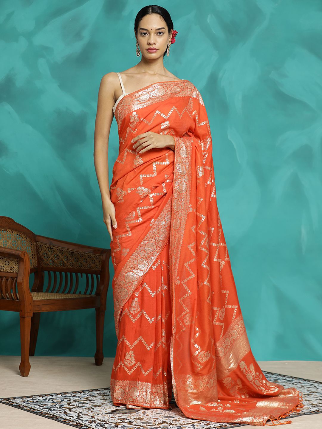 

Jaipur Kurti Festive Zari Woven Design Heavy Banarasi Saree, Orange