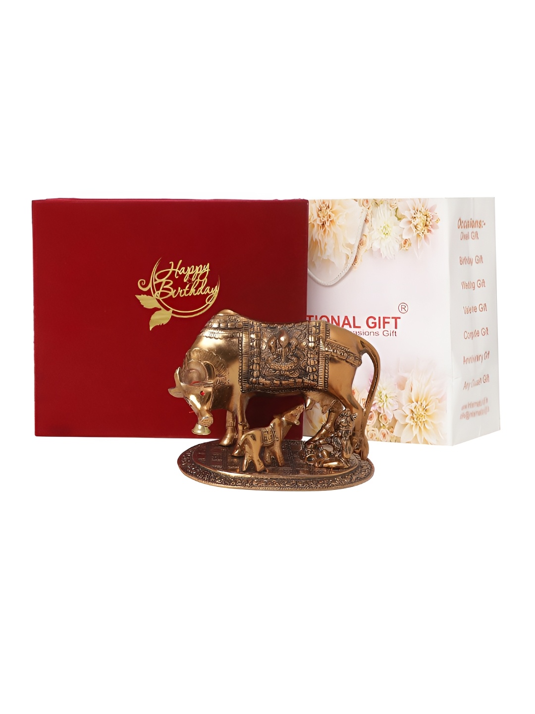 

INTERNATIONAL GIFT Brown Kamdhenu Cow Showpiece With Happy Birthday Tag & Velvet Box, Copper