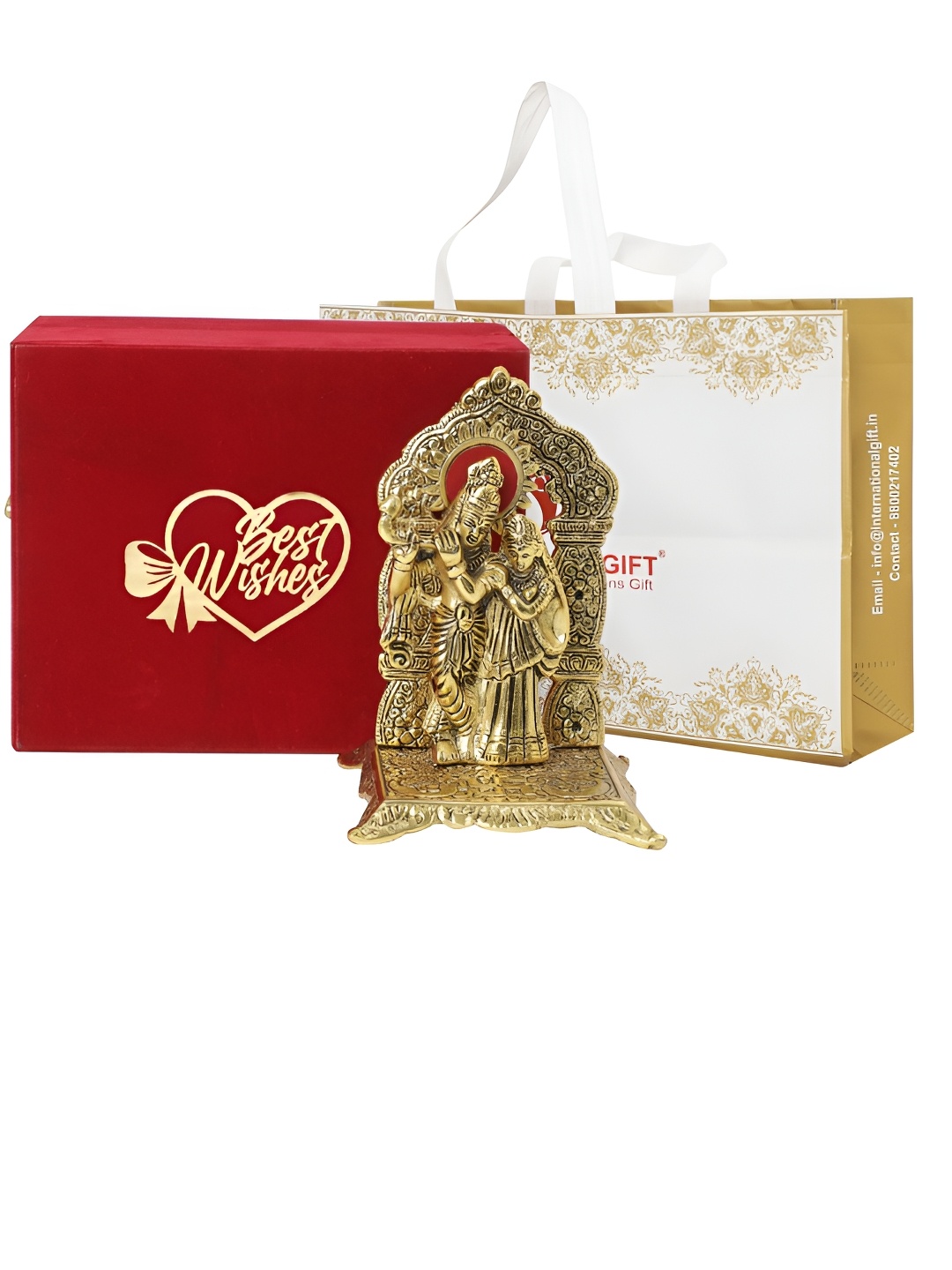 

INTERNATIONAL GIFT Gold Toned Radha Krishna Chowki Metal Idol Showpiece With Vlevet Box