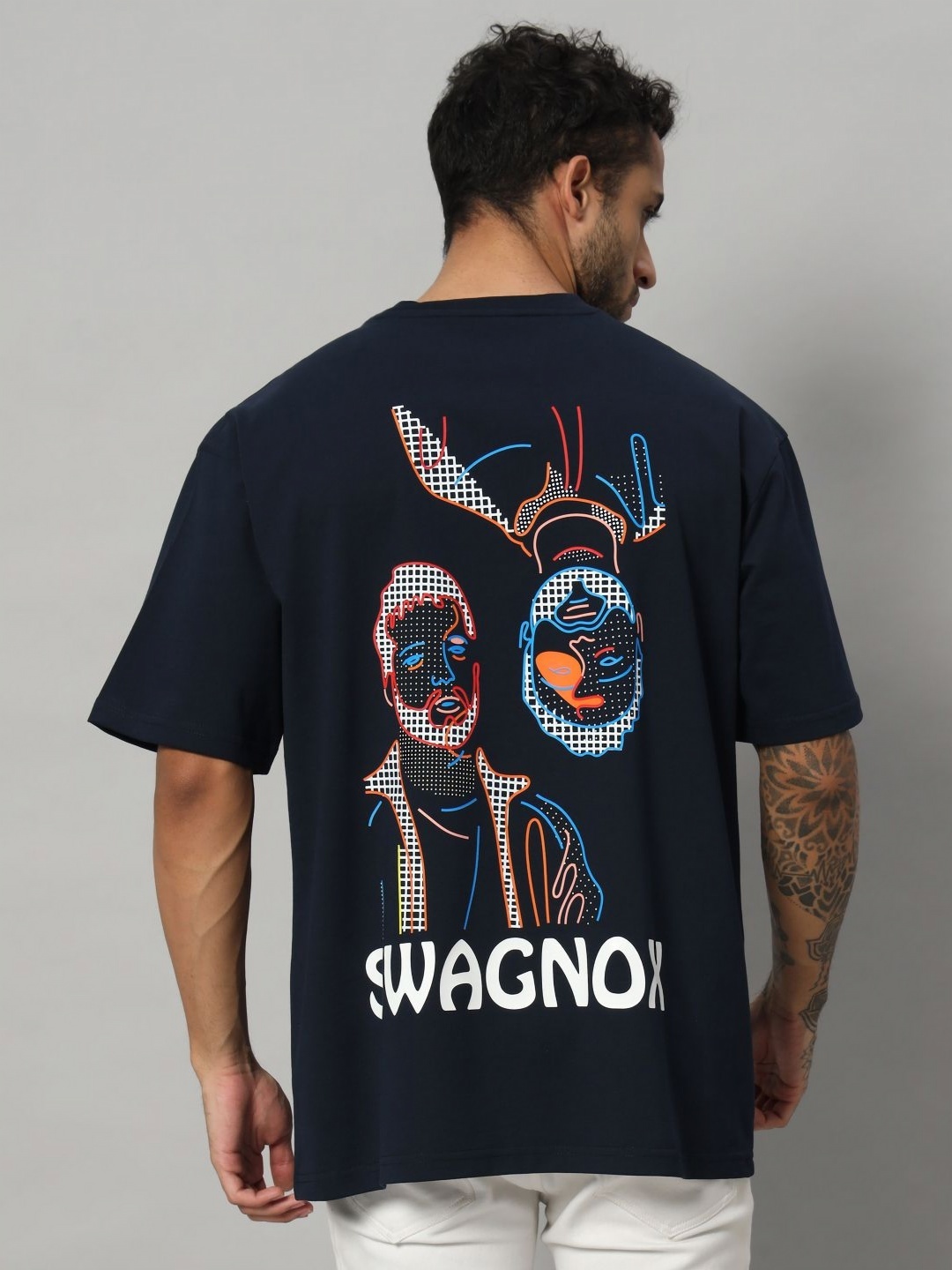 

SWAGNOX Men Graphic Printed Round Neck Cotton Oversized T-shirt, Navy blue