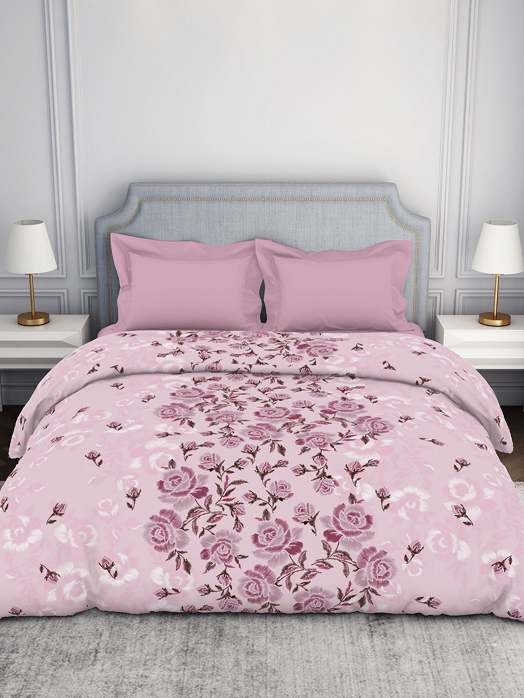

SPACES White & Pink Floral Printed 144 TC Pure Cotton Double Bed Comforter