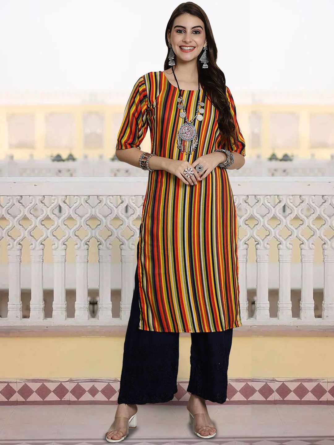 

7Threads Striped Round Neck Straight Kurta, Red