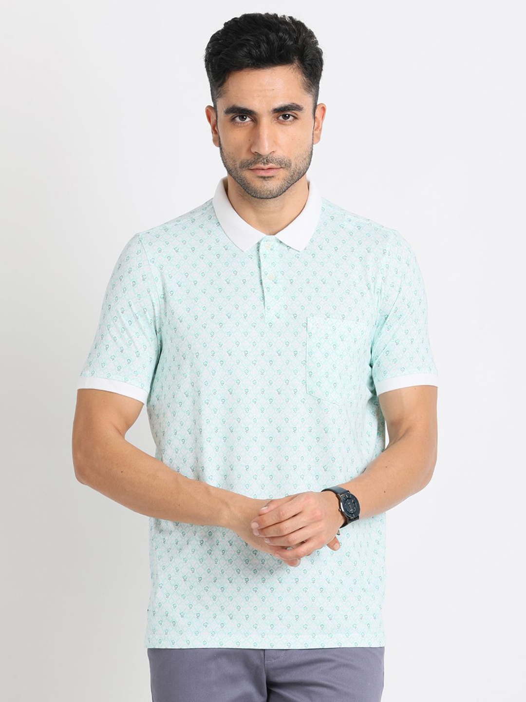 

Turtle Men Conversational Printed Polo Collar Pure Cotton Slim Fit T-Shirt, Blue