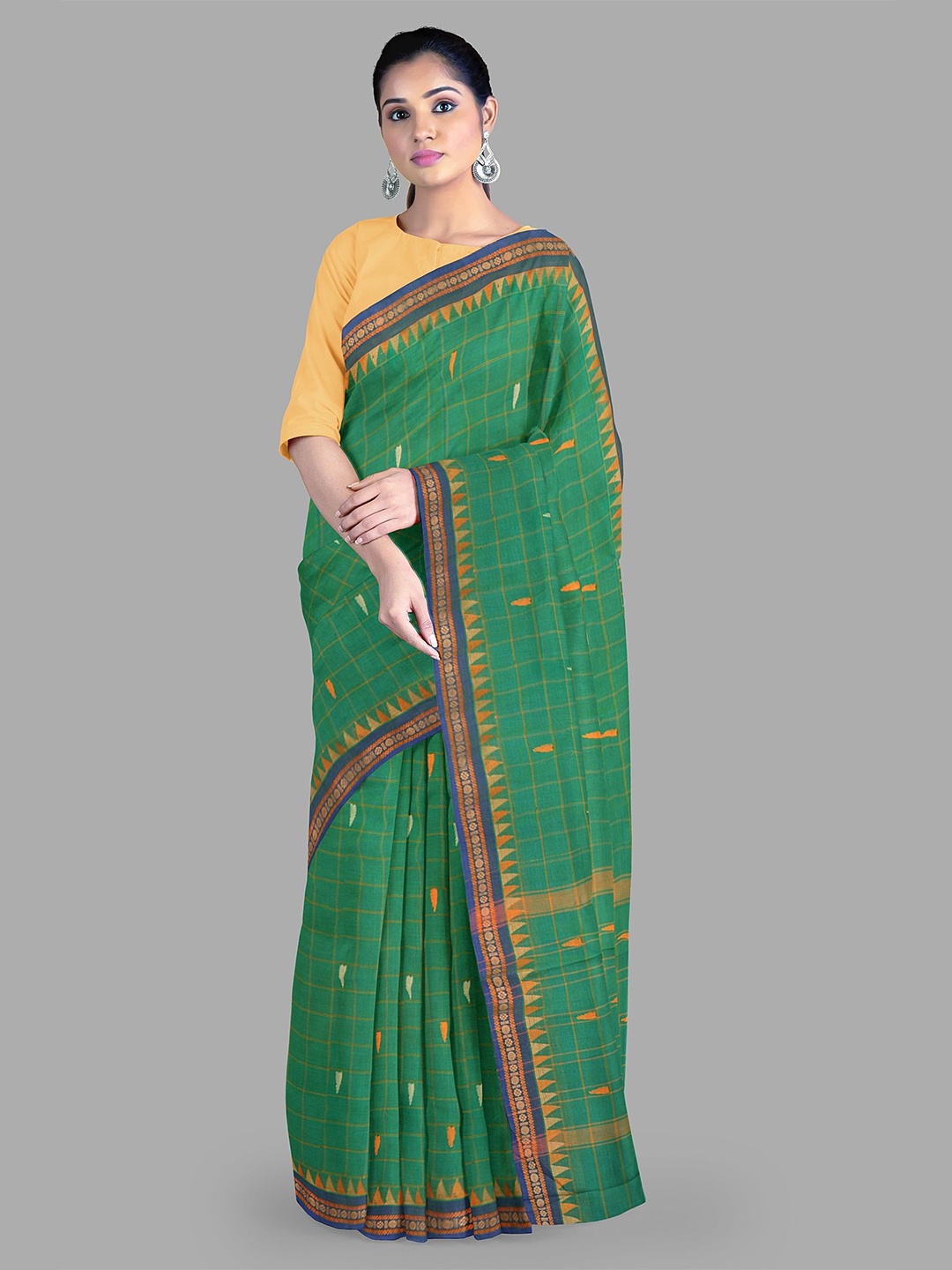 

The Chennai Silks Women Checked Printed Pure Cotton Muga Saree, Green