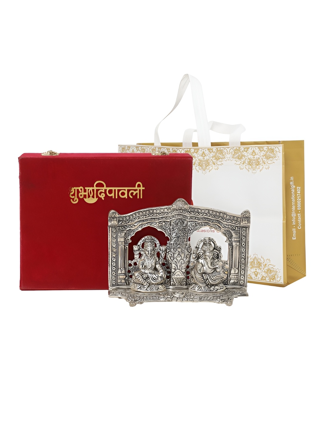 

INTERNATIONAL GIFT Silver Toned Lakshmi Ganesh Idol With Happy Diwali Tag & Velvet Box