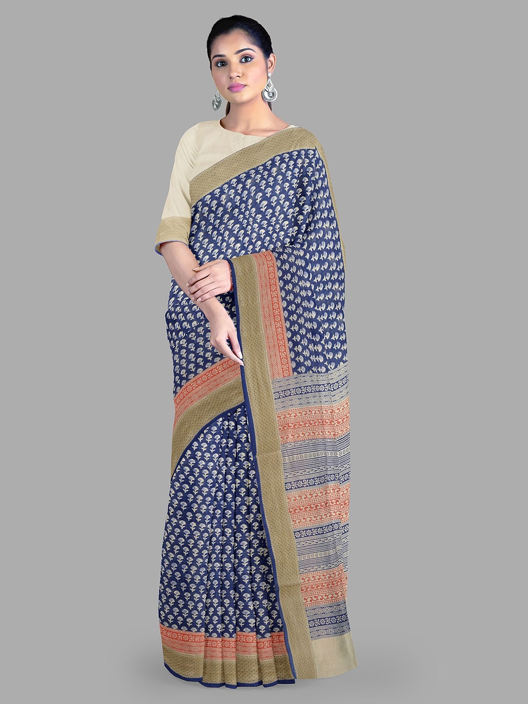 

The Chennai Silks Floral Chanderi Printed Saree, Navy blue