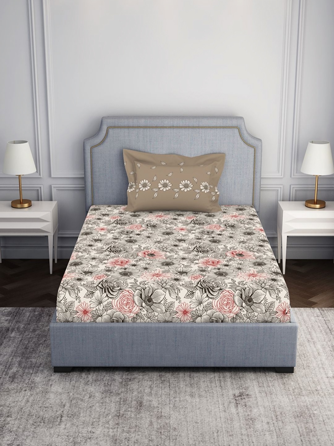 

SPACES Cream-Coloured Floral 100% Cotton 144 TC Single Bedsheet with 1 Pillow Cover