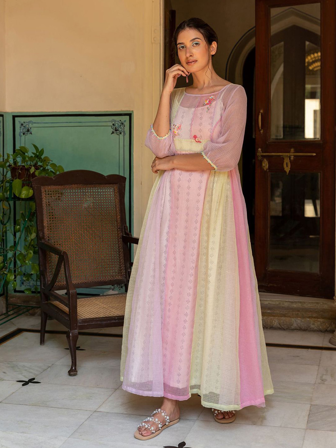 

The Yellow Bow Self Design Cotton Puff Sleeves Maxi Dress, Pink