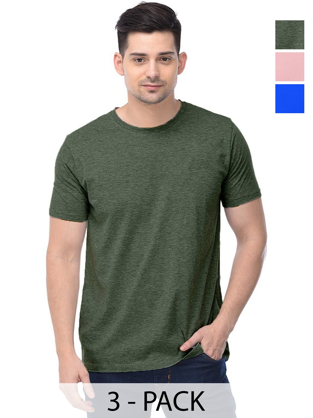 

COLOR CAPITAL Unisex Pack Of 3 Solid Round Neck Cotton T-shirts, Green