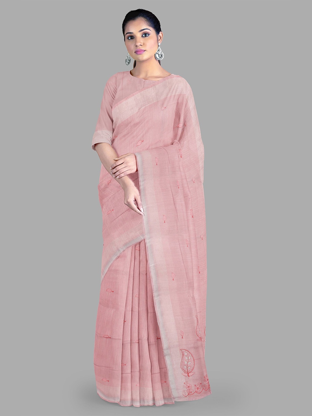 

The Chennai Silks Women Floral Printed Beads and Stones Gadwal Saree, Pink