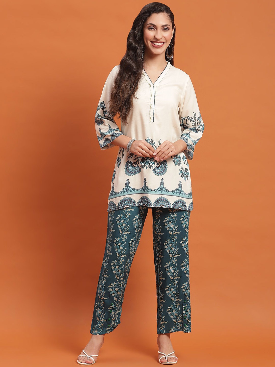 

Shree Printed Tunic With Trousers, Cream