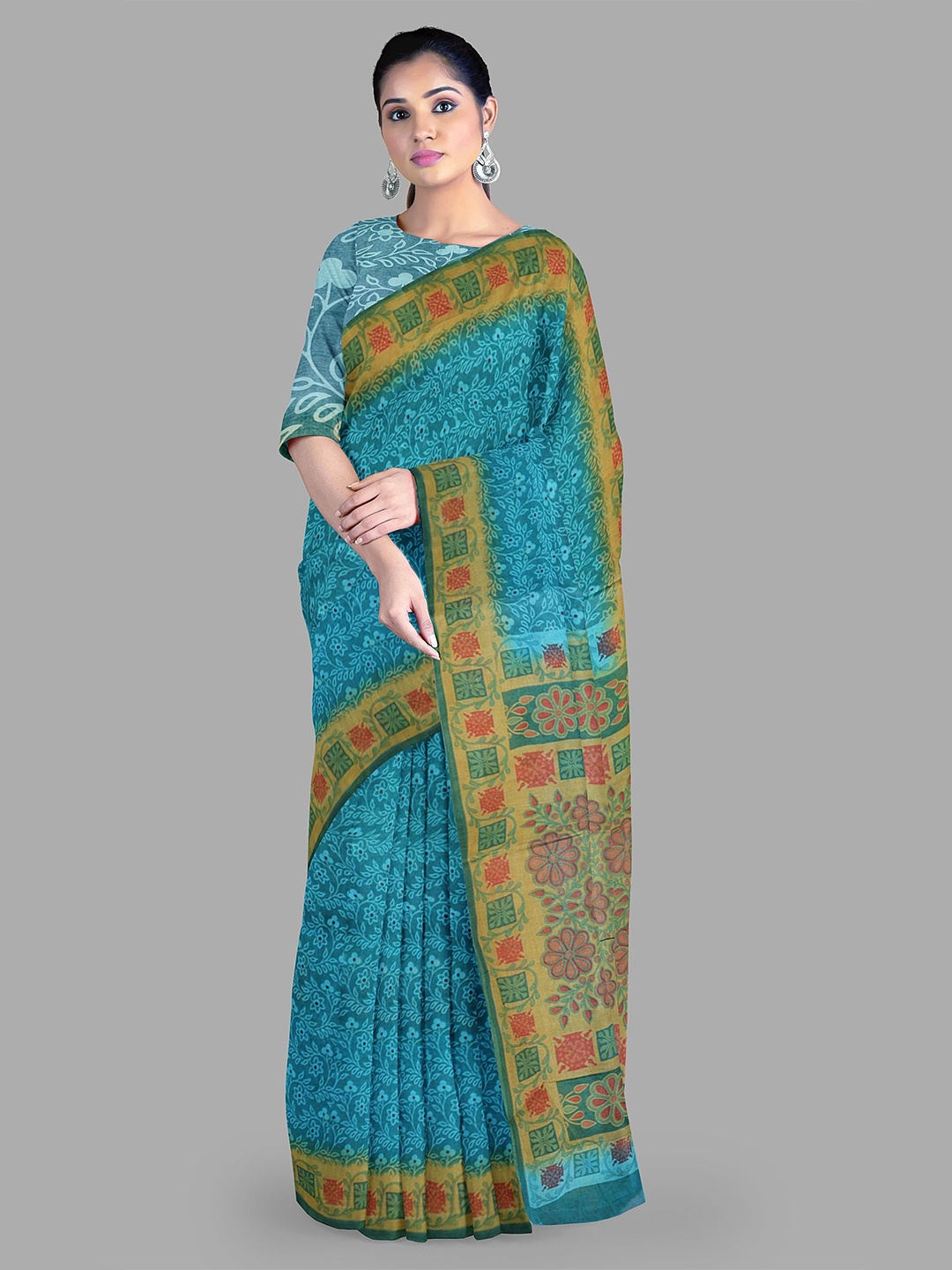 

The Chennai Silks Floral Pure Cotton Muga Saree, Blue