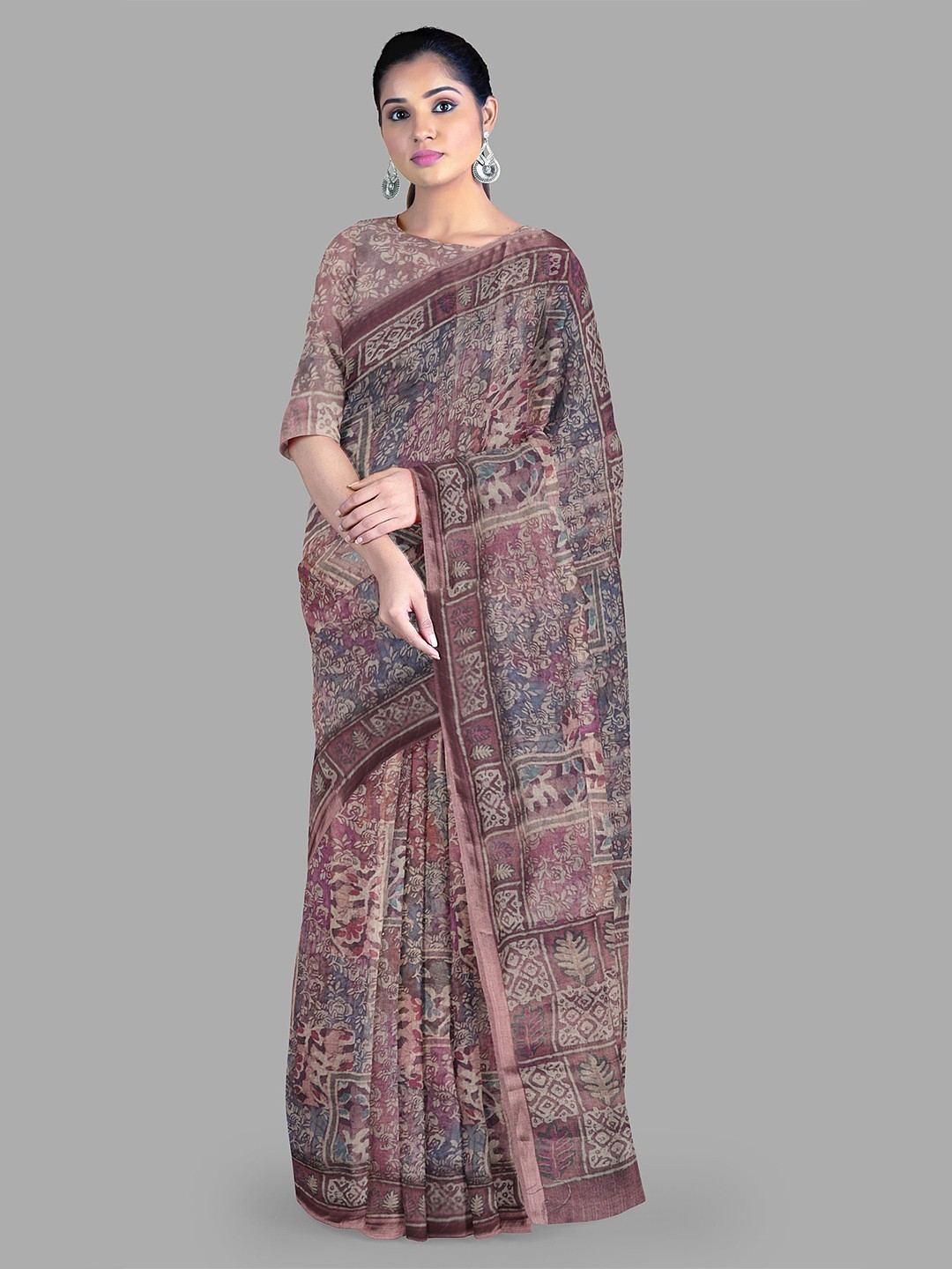 

The Chennai Silks Floral print banarasi dupion Saree with blouse piece, Brown