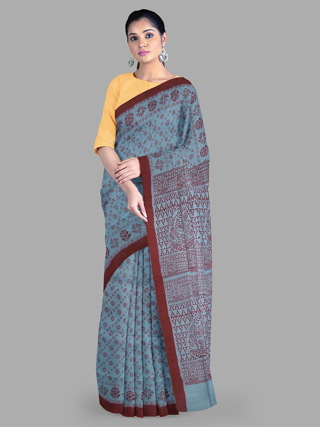 

The Chennai Silks Floral printed pure cotton sangudi saree, Blue