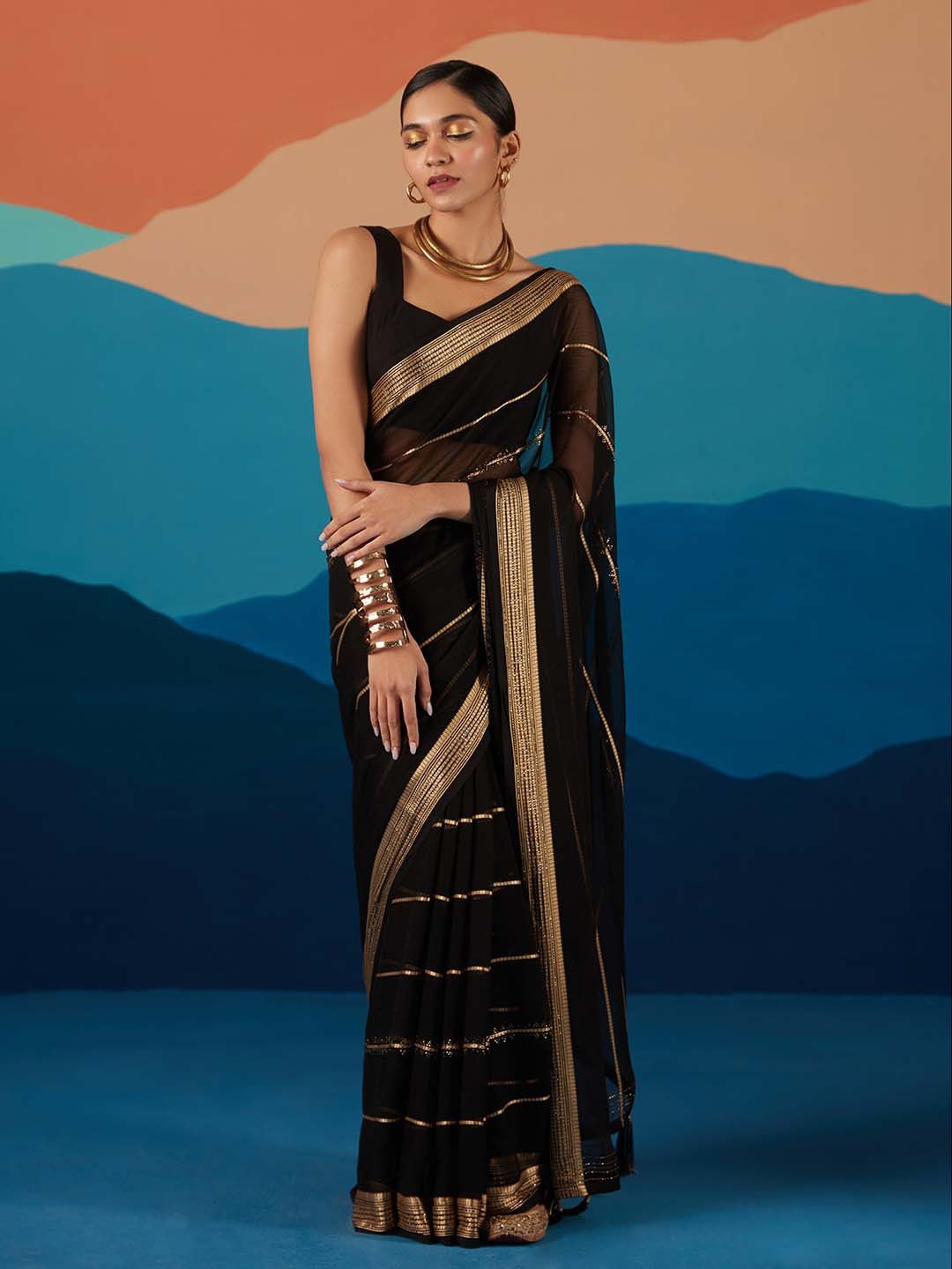 

Likha Striped Embroidered Poly Georgette Saree, Black