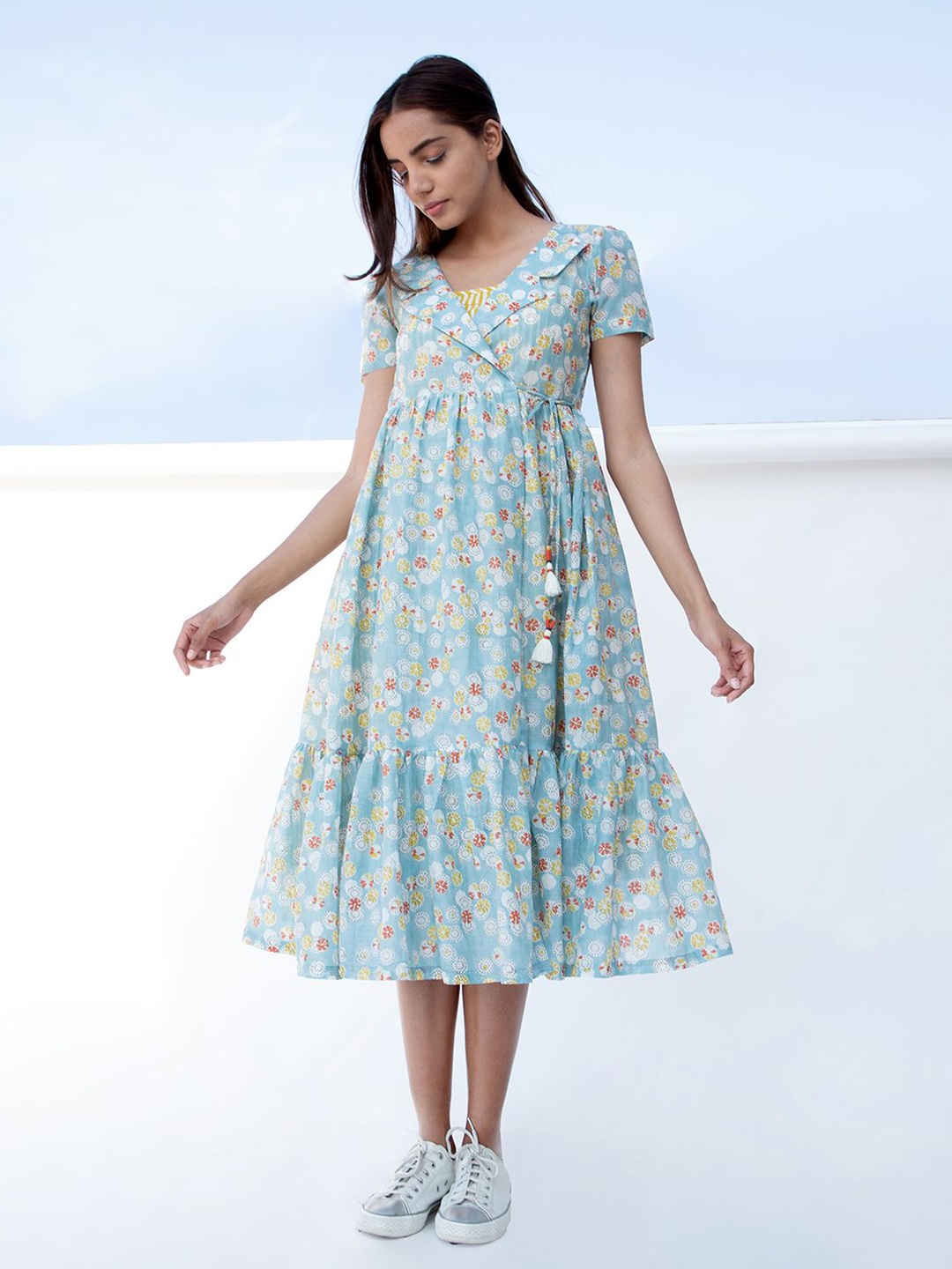 

The Yellow Bow Floral Printed Cotton Shirt Collar Wrap Midi Dress, Blue