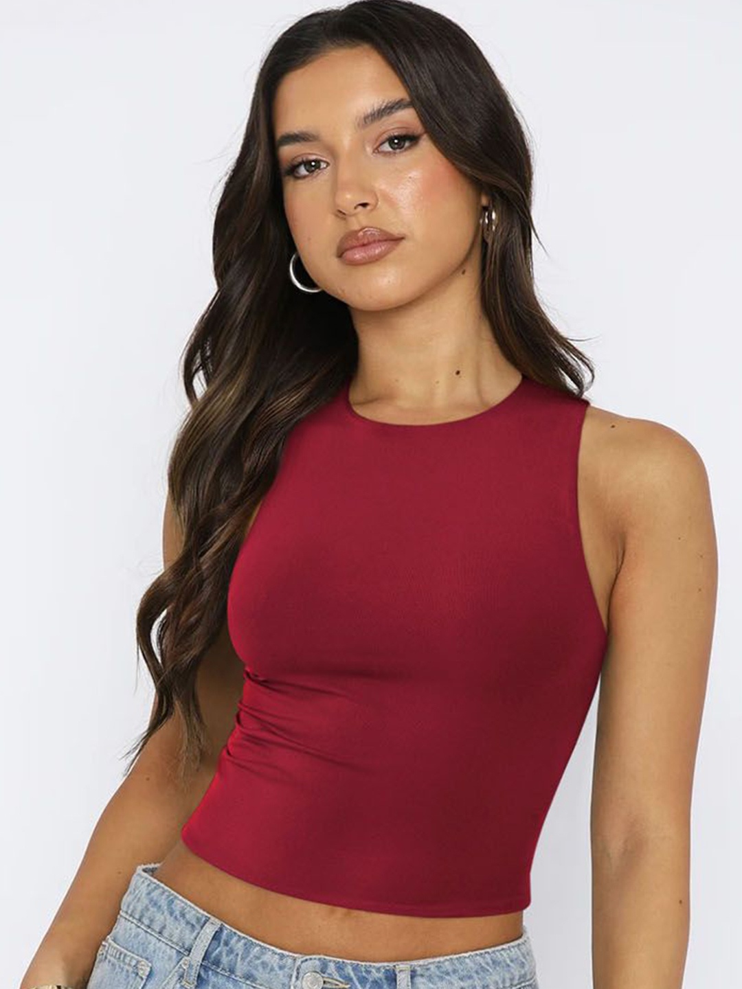 

StyleCast Women Solid Round Neck Top, Burgundy