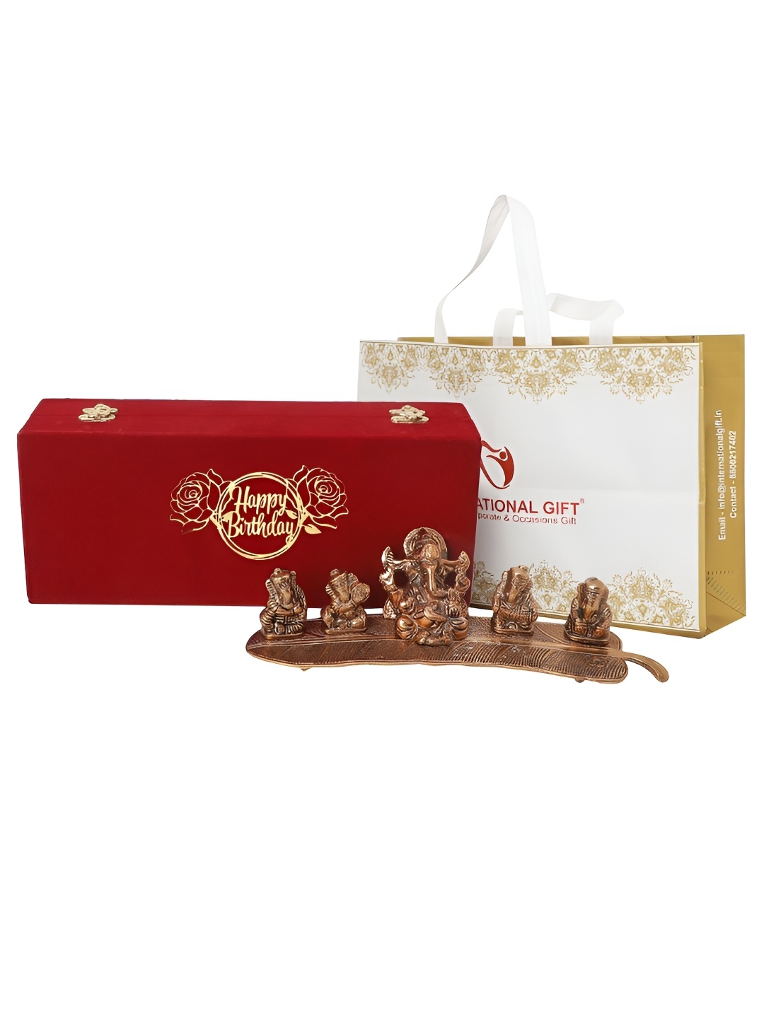 

INTERNATIONAL GIFT Copper Toned Musical Ganesh Idol Metal Showpiece With Velvet Box & Bag