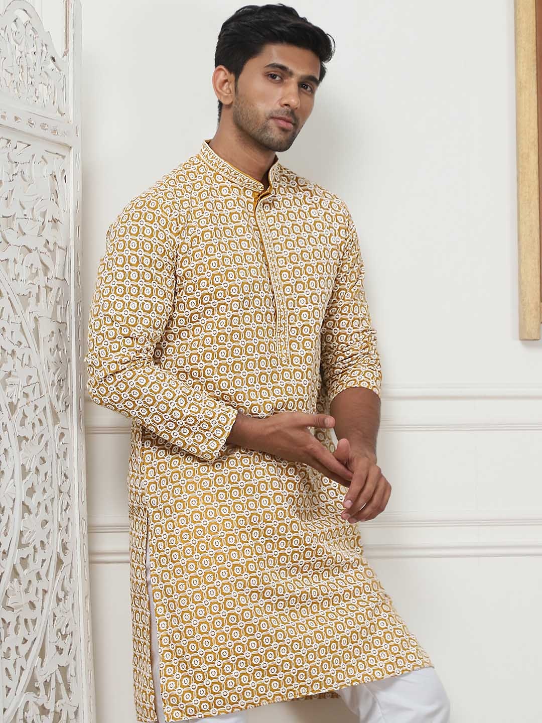 

Jompers Geometric Embroidered Mandarin Collar Chikankari Pure Cotton Kurta With Pyjamas, Mustard