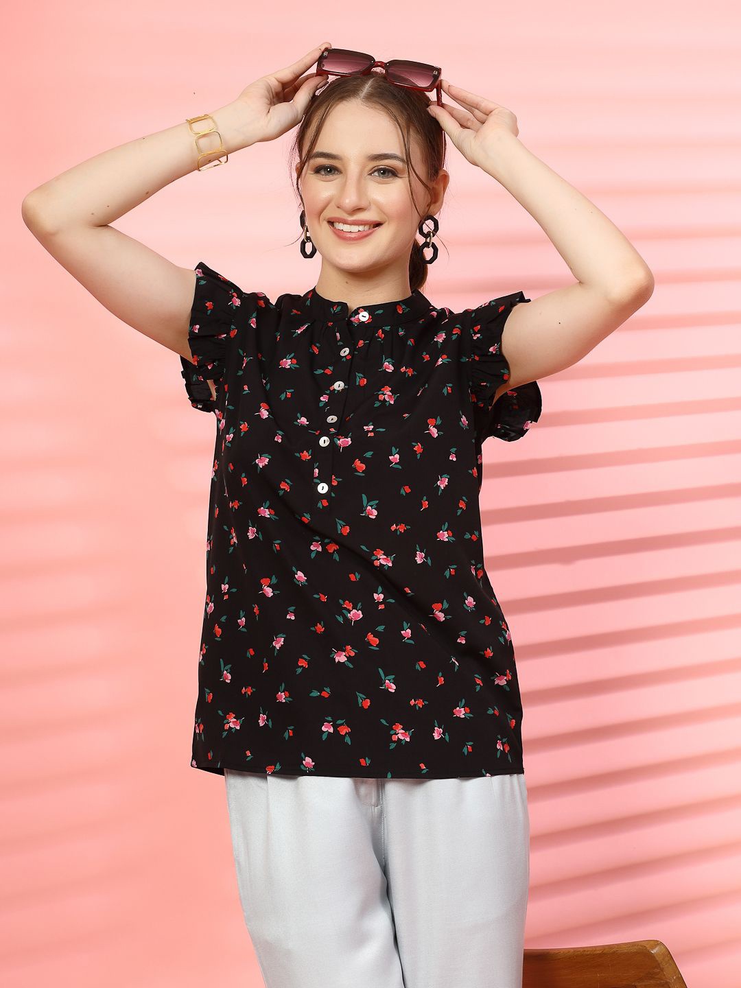 

EVERYDAY by ANI Women Floral Printed Mandarin Collar Top, Black