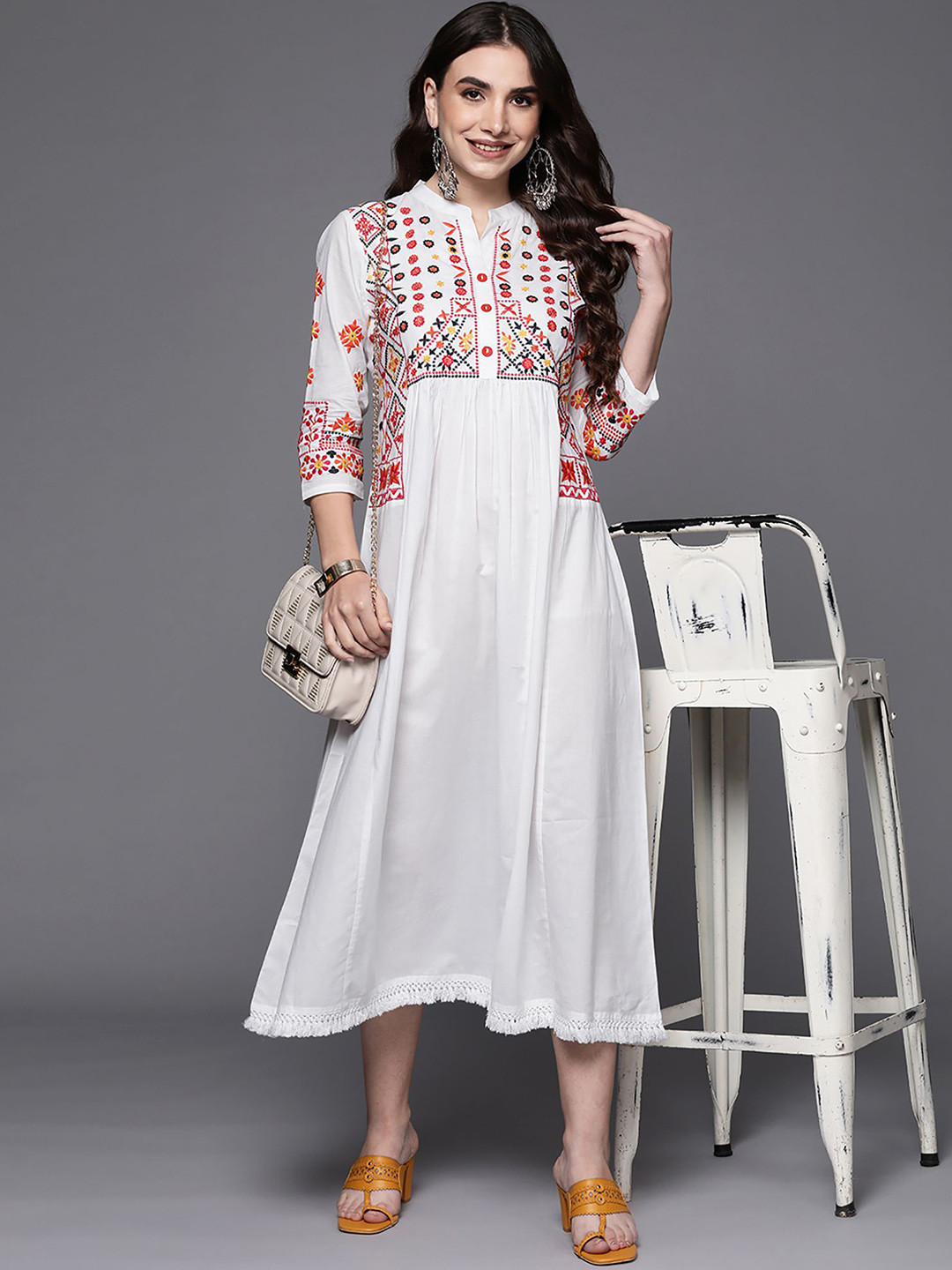 

Indo Era Ethnic Motif Embroidered A-Line Midi Dress, White
