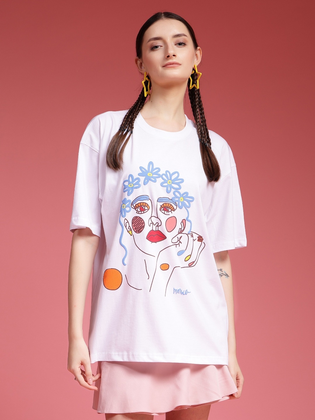 

Popster Women Graphic Printed Round Neck Pure Cotton Oversized T-Shirt, White