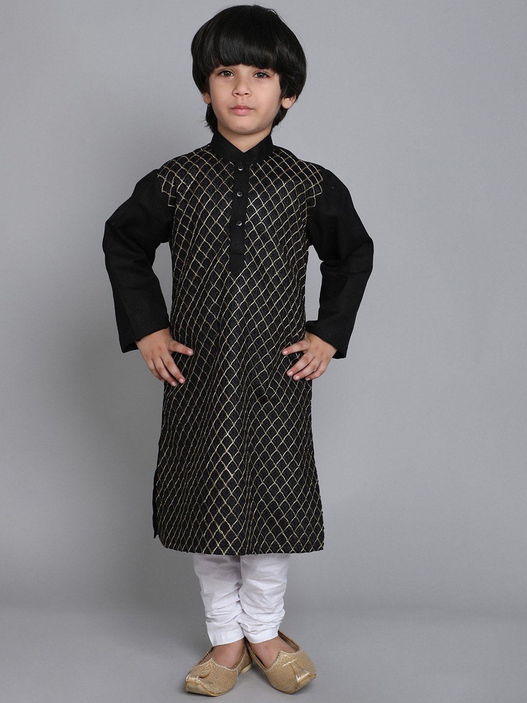 

Little Clothings Boys Embroidered Mandarin Collar Linen Kurta with Churidar, Black