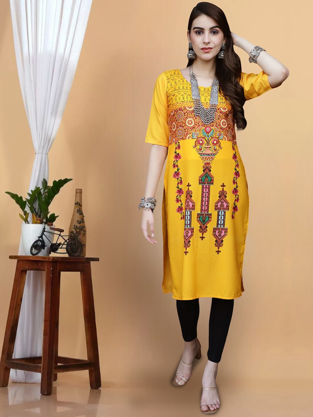 

7Threads Ethnic Motifs Printed Round Neck Straight Kurta, Yellow
