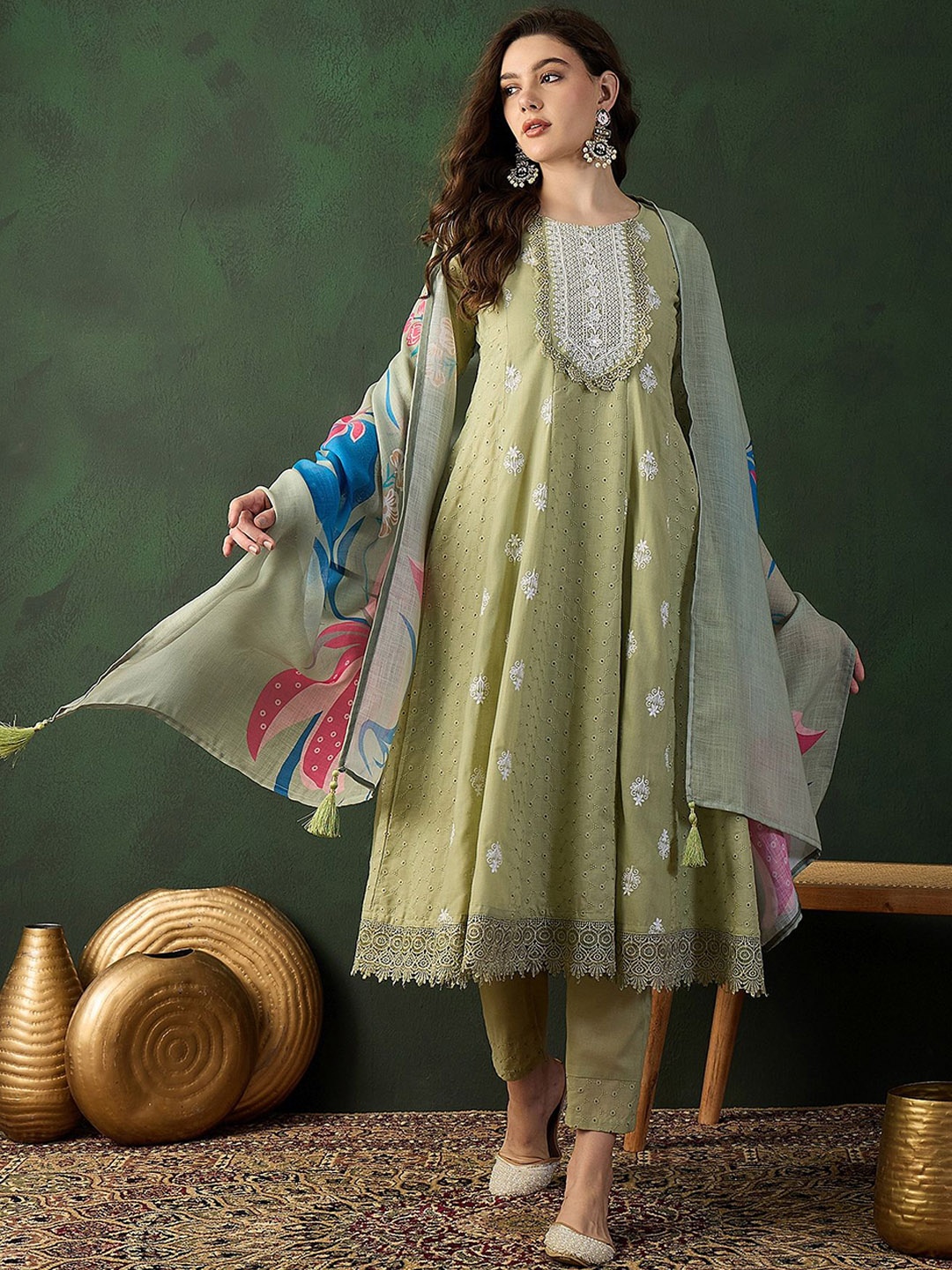 

Sangria Embroidered Pure Cotton Kurta Set With Dupatta, Green