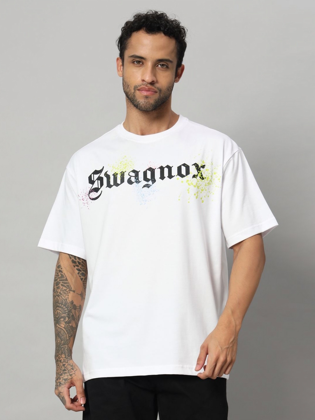 

SWAGNOX Men Typography Printed Round Neck Cotton Oversized T-shirt, White