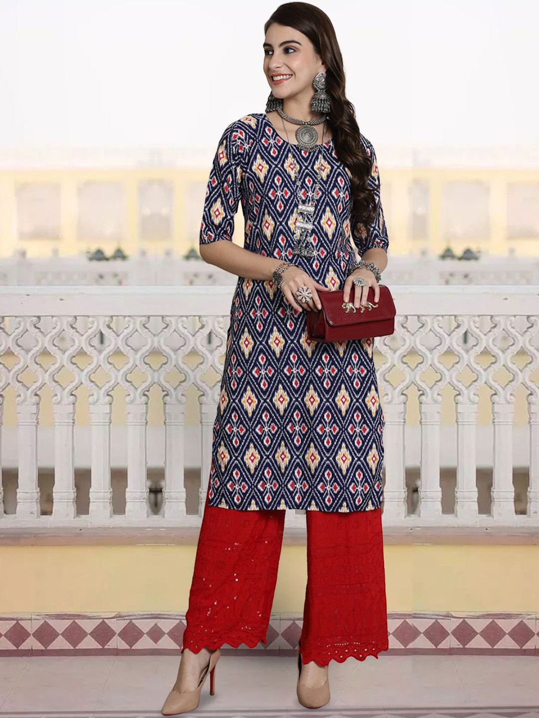 

7Threads Ethnic Motifs Printed Round Neck Crepe Straight Kurta, Navy blue
