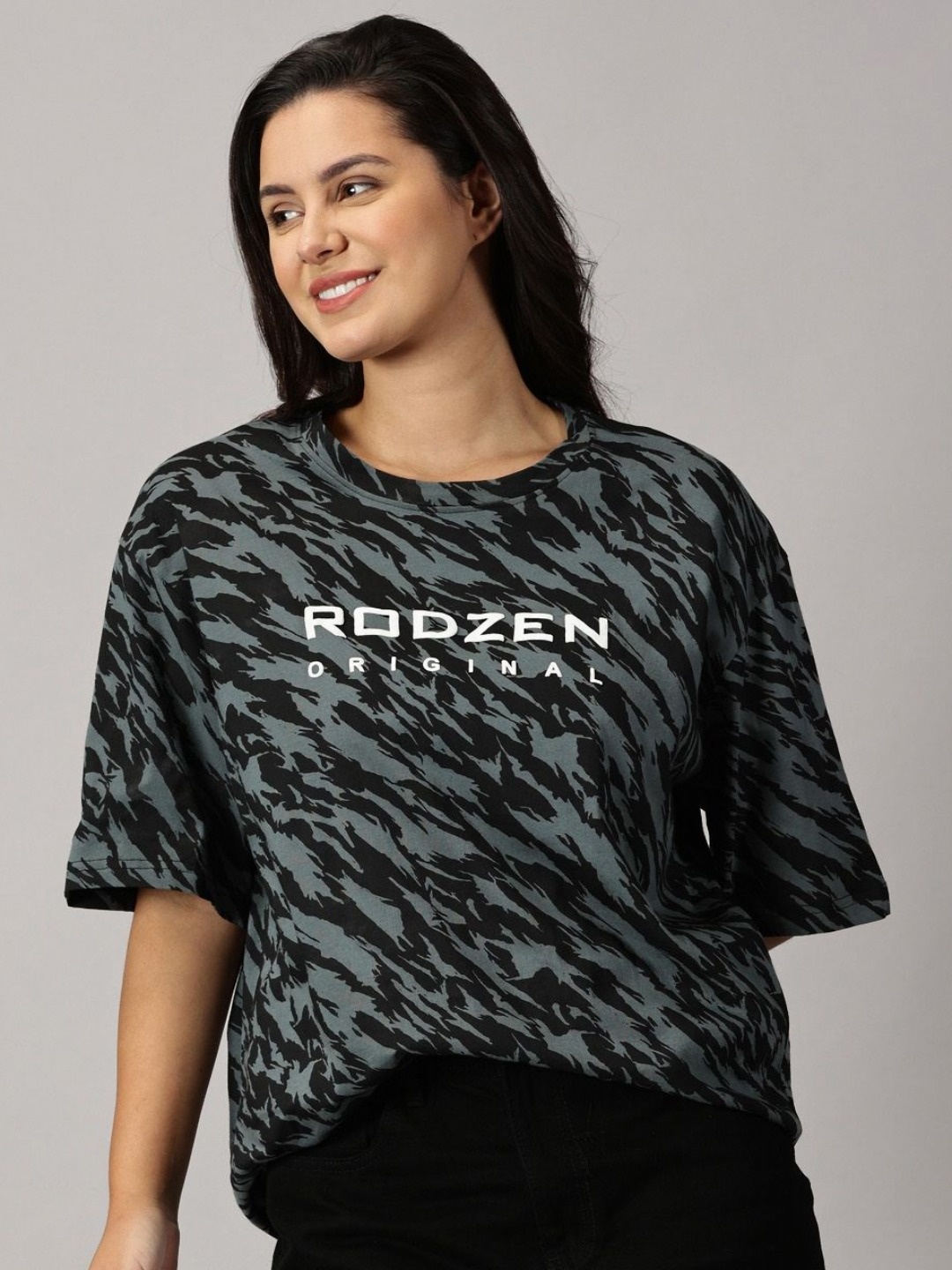 

Rodzen Women Abstract Printed Round Neck Cotton Oversized T-shirt, Grey