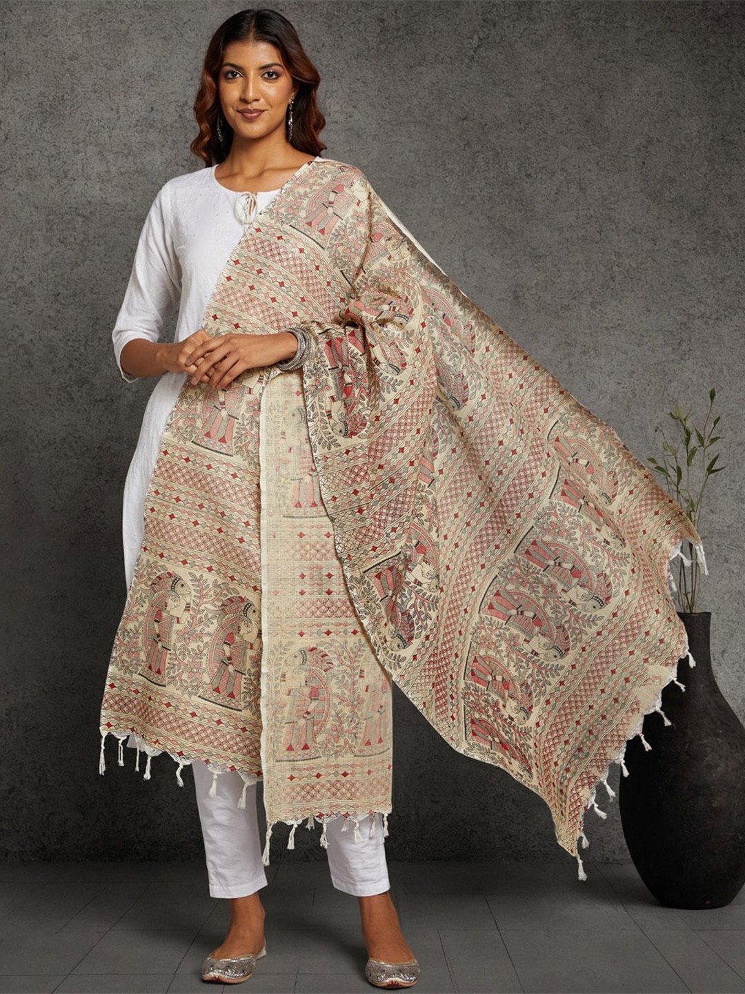 

ArtEastri Ethnic Motifs Woven Design Khari Print Dupatta with Thread Work, Beige