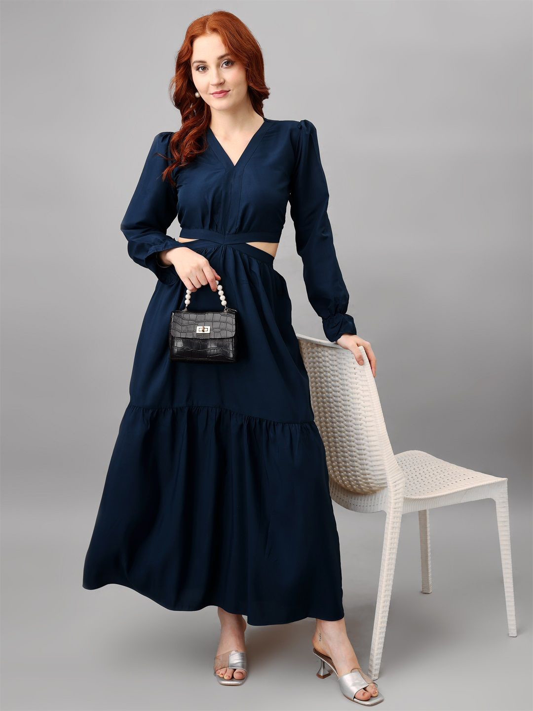 

Femvy Puff Sleeve Applique Crepe Fit & Flare Maxi Dress, Blue