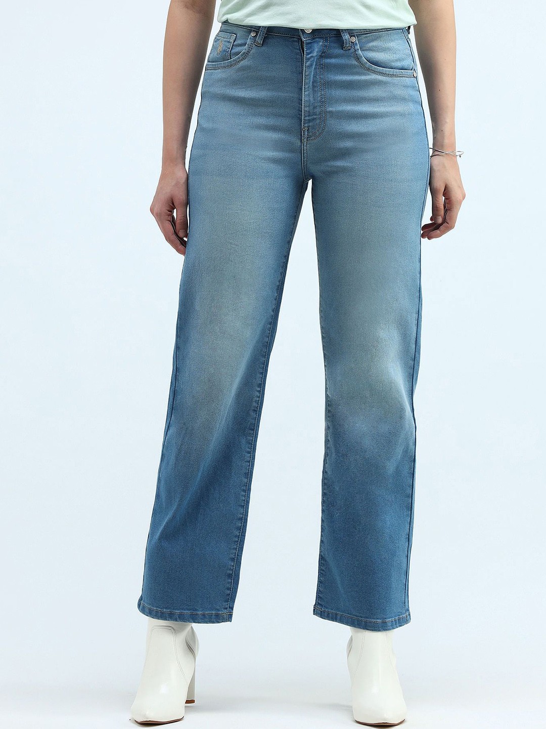 

U.S. Polo Assn. Women Women Wide Leg High-Rise Light Fade Stretchable Jeans, Blue
