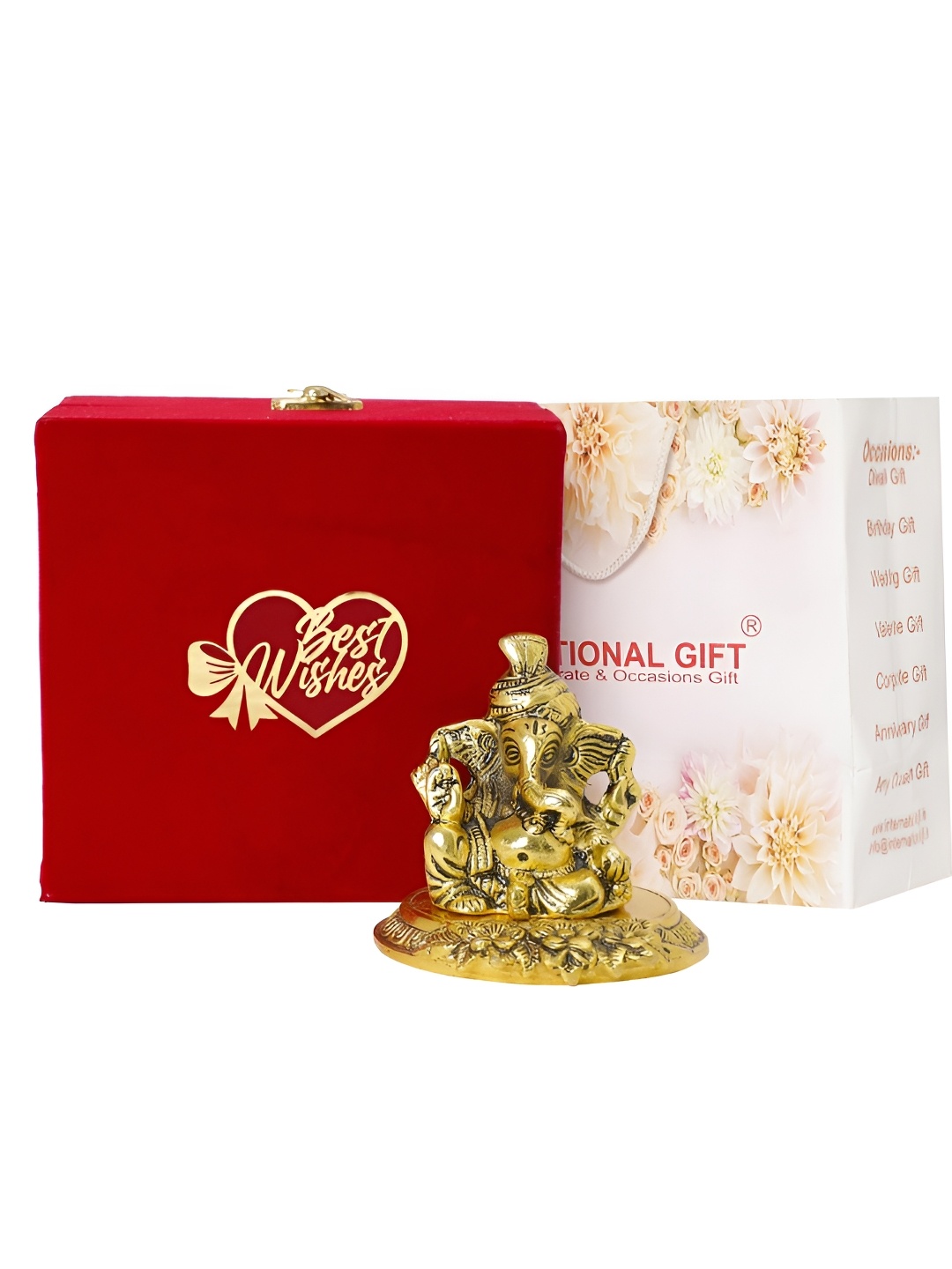 

INTERNATIONAL GIFT GoldToned Pagdi Ganesh God Idol Showpiece With Best Wishes & Velvet Box, Gold