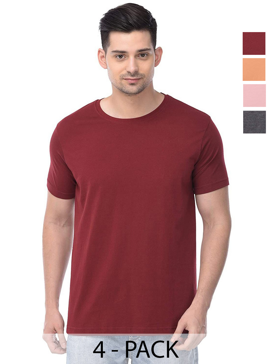 

COLOR CAPITAL Unisex Pack Of 4 Solid Round Neck Cotton T-shirts, Pink