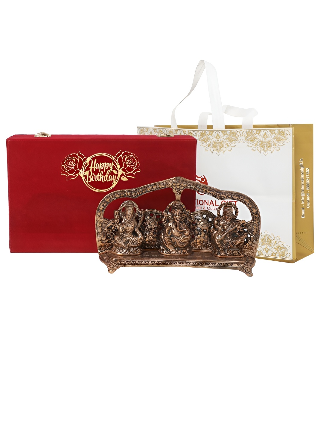 

INTERNATIONAL GIFT Copper-Toned Brass Religious Ganesh Idol With Red Velvet Box