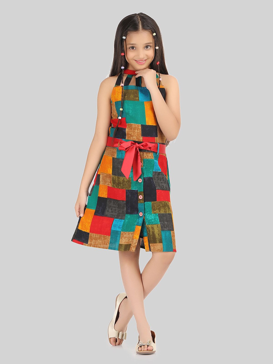 

BEING NAUGHTY Girls Mock Neck Abstract Fit & Flare Dress, Sea green