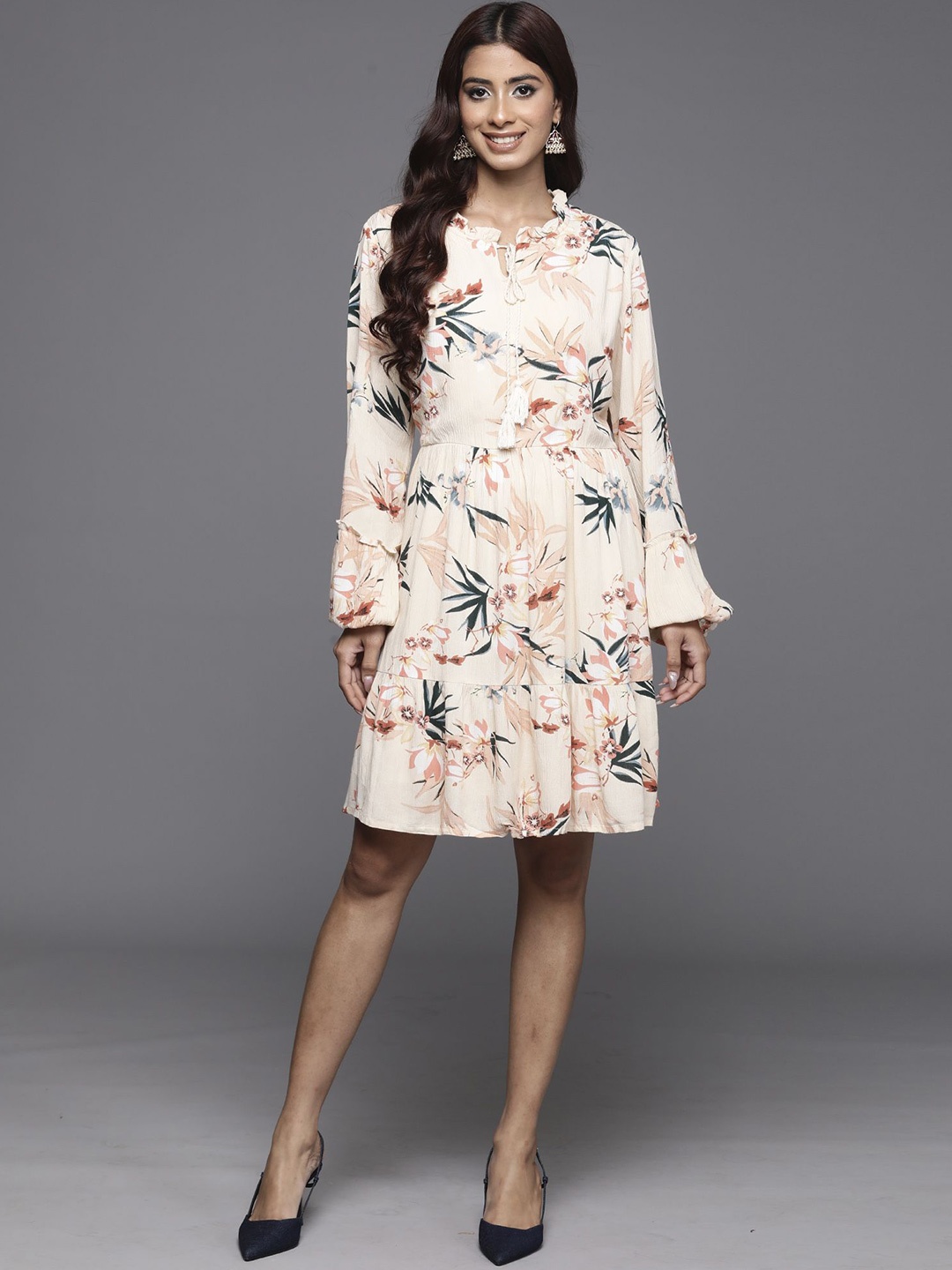 

Indo Era Tropical Print Tie-Up Neck Puff Sleeve Layered A-Line Dress, Off white