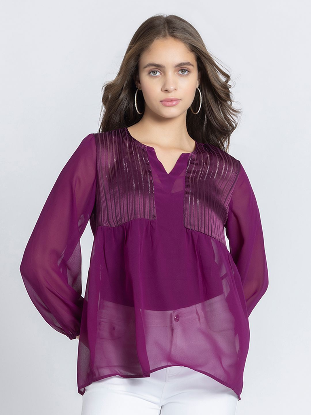 

SHAYE Striped V-Neck Panelled Kurti, Purple