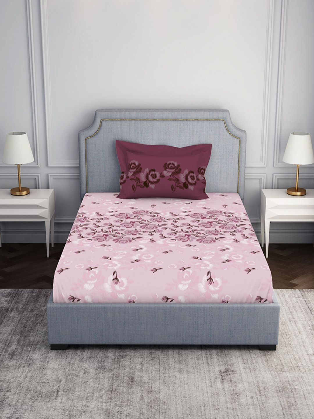 

SPACES Pink & Brown Floral 144 TC Single Bedsheet with 1 Pillow Covers