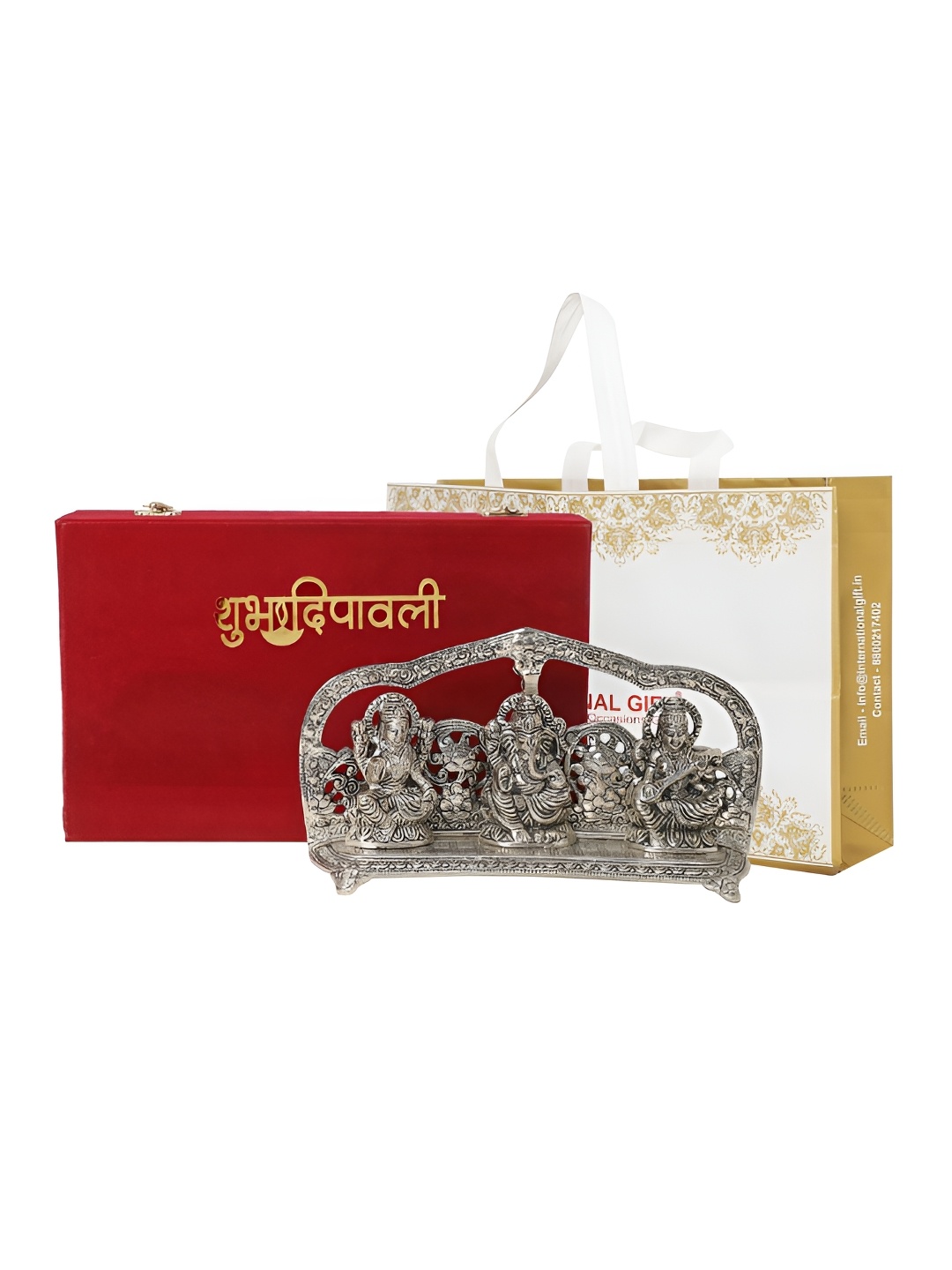 

INTERNATIONAL GIFT Ganesh Saraswati Idol Showpiece With Red Velvet Box & Gift Card, Silver