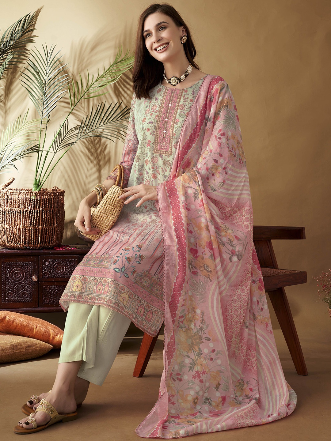 

Anouk Women Floral Printed Regular Mirror Work Kurta with Trousers & With Dupatta, Sea green