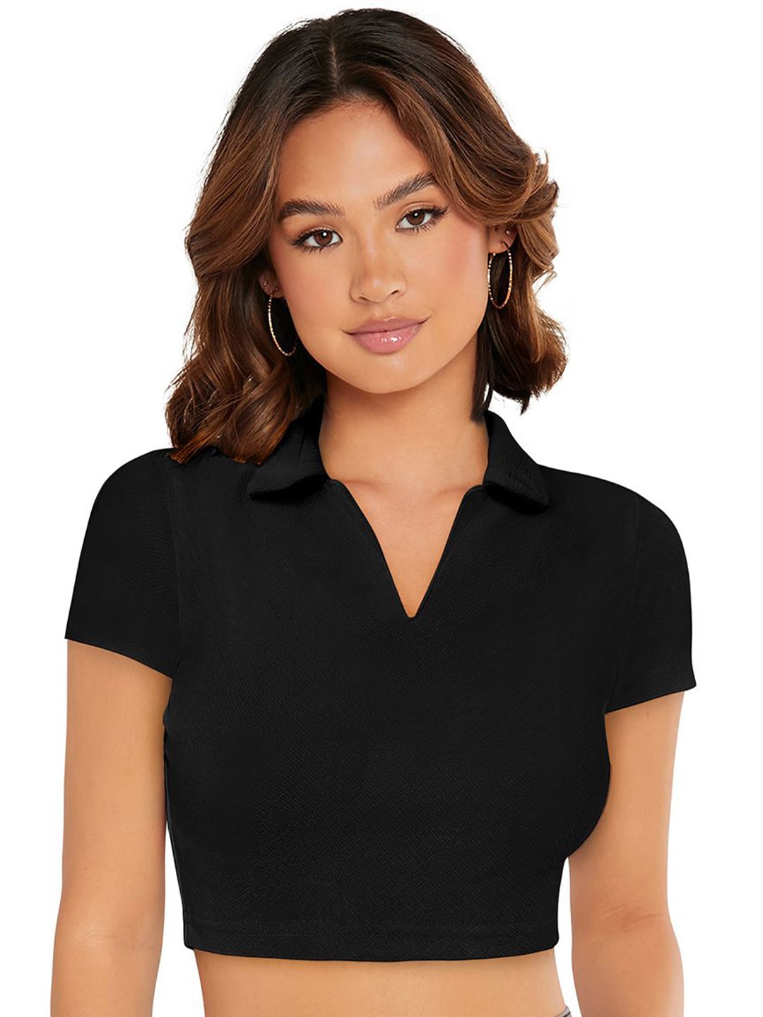 

FiveFlag Women Solid Shirt Collar Top, Black